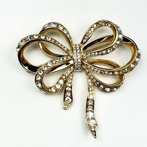 KJL For Avon Kenneth Jay Lane Large Bow Brooch Gold Tone w/ Rhinestones GUC